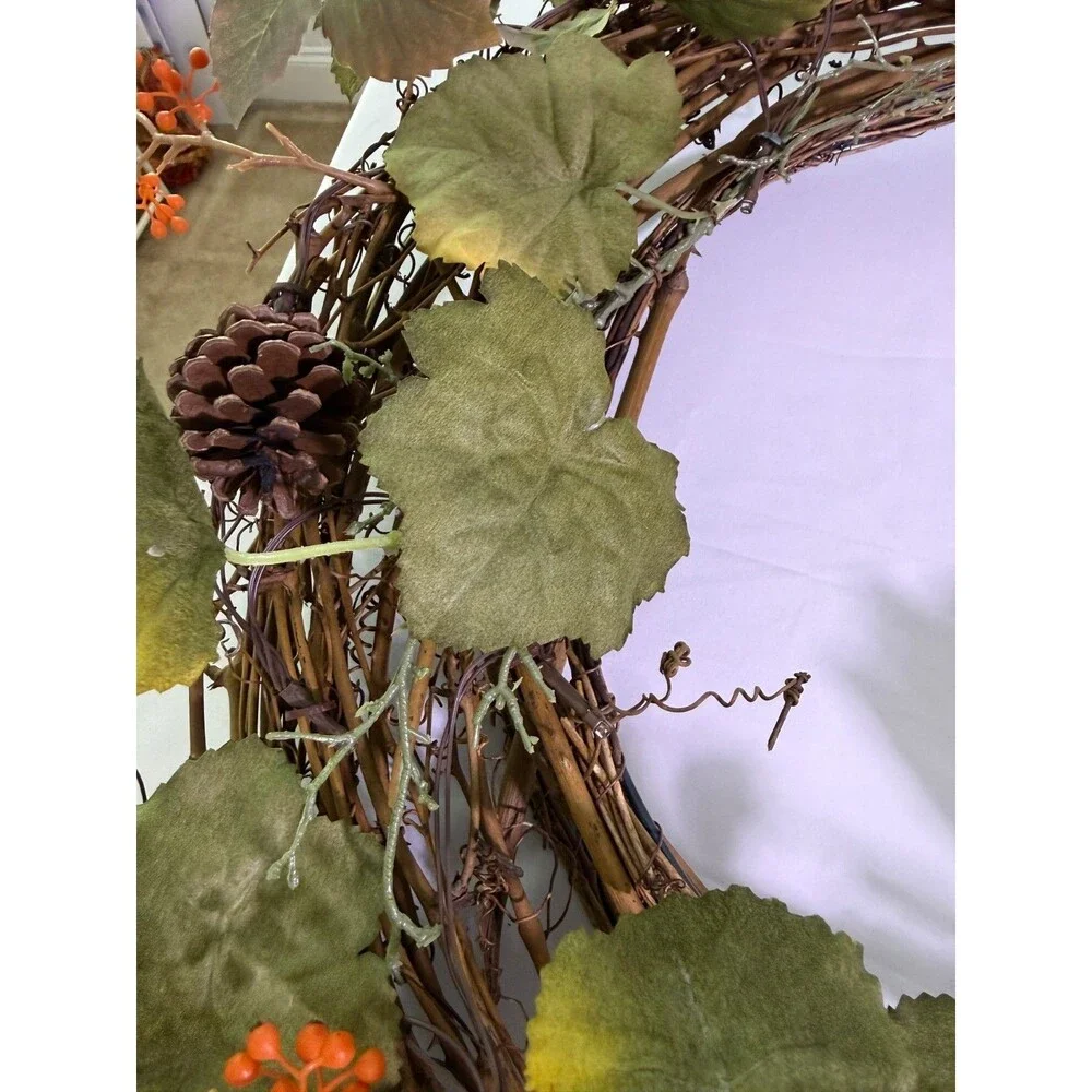 Pottery Barn Pre-Lit Faux Natural Pumpkin Wreath 23 inch